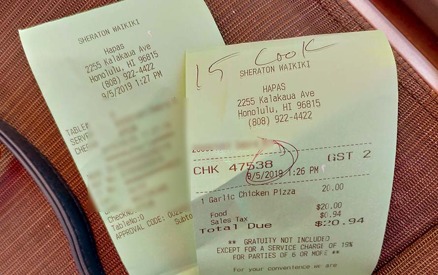ハワイ ホノルル シェラトンワイキキ HAPAS PIZZA ハパスピザ ハーフ＆ハーフ レシート お値段